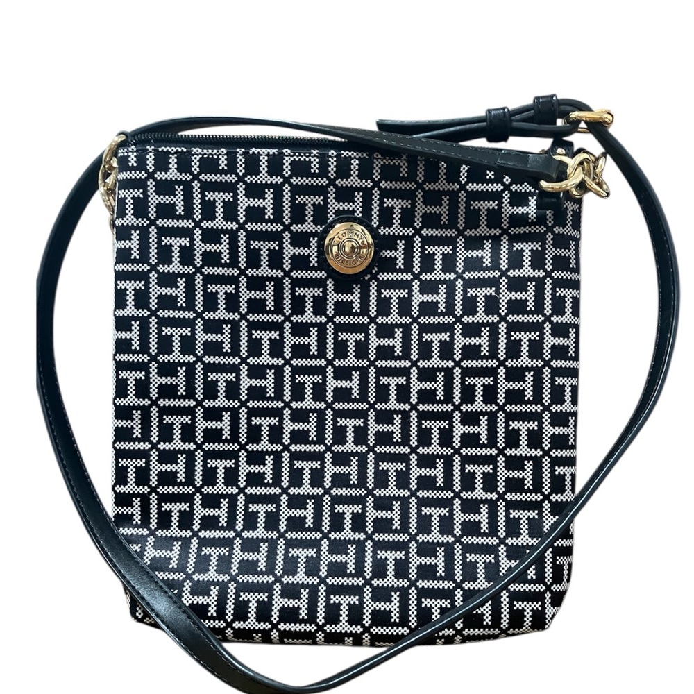 Tommy Hilfiger Black and White Crossbody Bag with Geometric Pattern